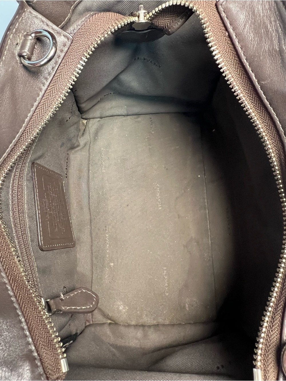 Coach Dark Taupe Small Leather Tote Satchel Bag Silver Hardware - Picture 11 of 14